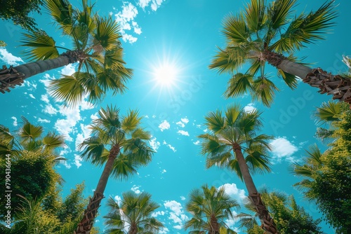 A stunning visual of the sun s rays piercing through the tall  majestic palm trees against a vivid blue sky