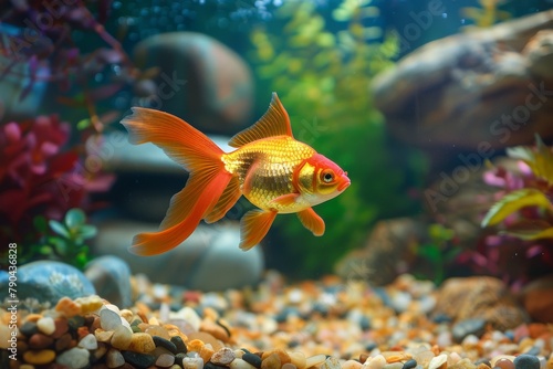 Goldfish harmony. Swimming freely amidst rocks and flora