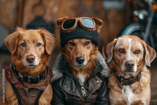 Three adventurous dogs wearing pilot goggles and leather jackets projecting bravery and exploration