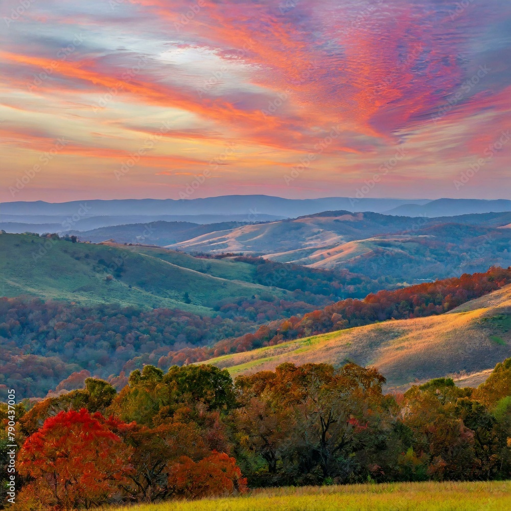 Rolling hills, cloaked in emerald foliage, stretch out beneath a boundless sky painted with streaks of pink and orange at sunset.