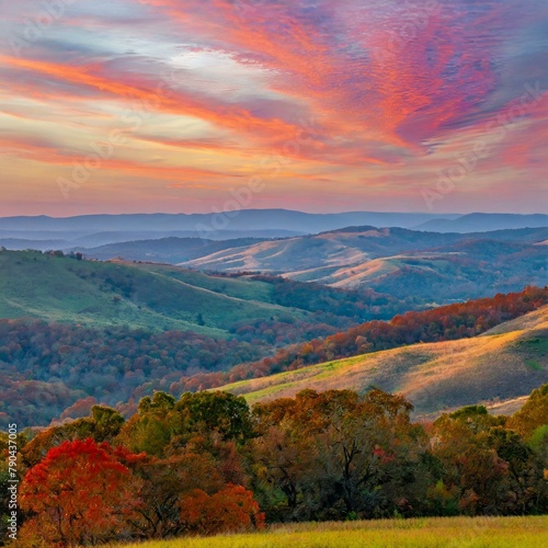 Rolling hills, cloaked in emerald foliage, stretch out beneath a boundless sky painted with streaks of pink and orange at sunset.