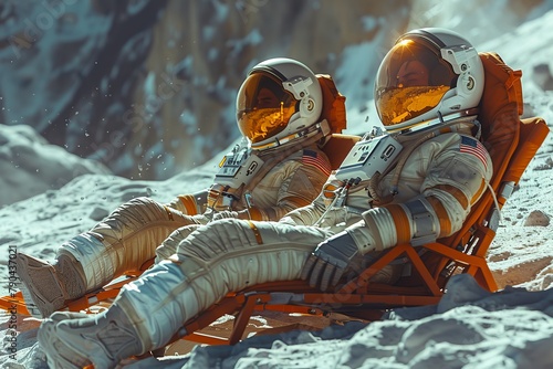 Illustration features two astronauts sitting back on lunar terrain in beach chairs, invoking a sense of surreal vacation photo
