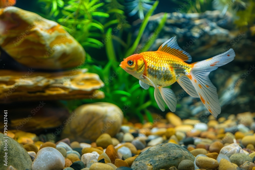 Naklejka premium Goldfish delight. Swimming among lush aquarium vegetation