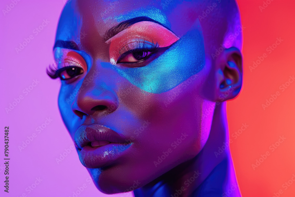 Headshot of a bald black woman with striking colorful makeup on purple studio background Headshot of a bald black woman with striking colorful makeup on purple studio background