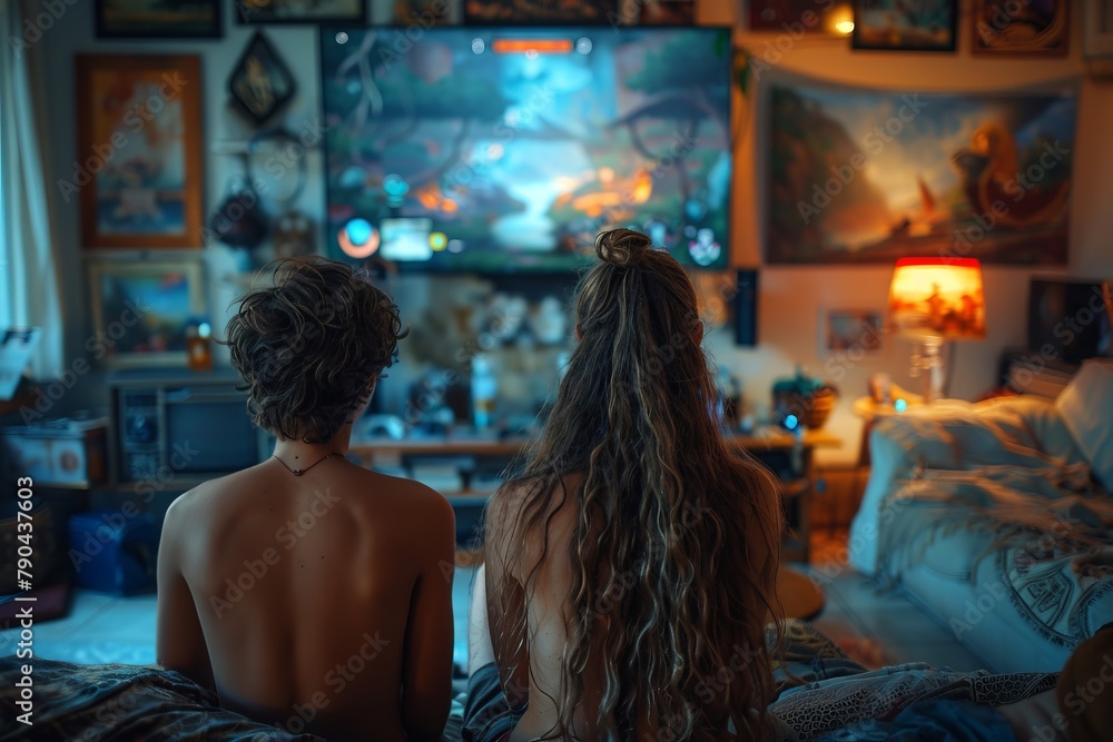A man and a woman in an Electric blue room watching a video game on a television