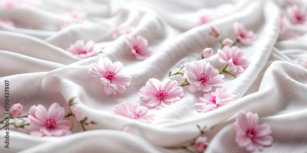 A close-up view of a bed with pink flowers scattered across it, creating a soft and romantic atmosphere. A close-up view of a bed with pink flowers scattered across it, creating a soft and romantic atmosphere.