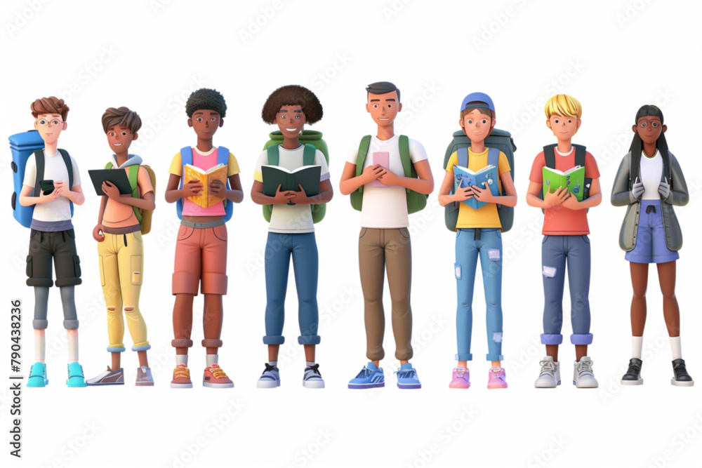 Set of teenagers characters. Guys and girls students hold books, smartphones and a laptop in their hands. Young multicultural people on a white background 3D avatars set vector icon, white background,