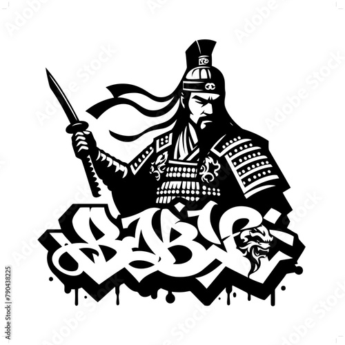 chinese warrior silhouette, people in graffiti tag, hip hop, street art typography illustration.