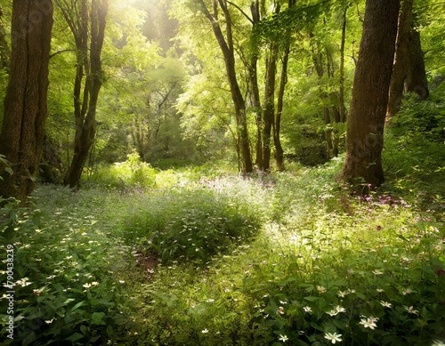 A tranquil forest clearing, sunlight filtering through the canopy to illuminate a carpet of wildflowers in various shades.