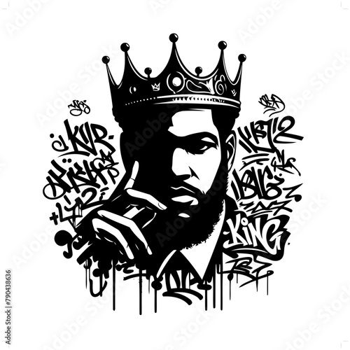 king silhouette, people in graffiti tag, hip hop, street art typography illustration.