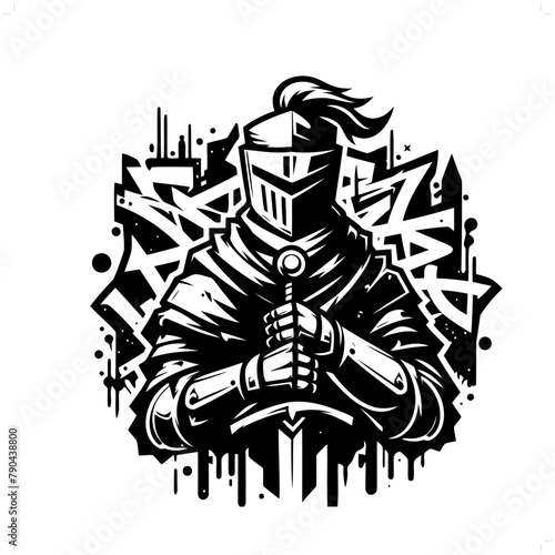 knight silhouette, people in graffiti tag, hip hop, street art typography illustration.