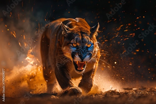 Angry puma with open mouth and fiery mane  Glowing yellow eyes  jumping  blue fire flames and sand at night background. Intense Panther with Fierce Glowing Eyes in Blue Fiery Ambience