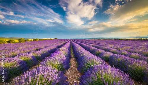 A dreamy lavender field in full bloom, its fragrant purple rows stretching towards the horizon under a cloud-streaked sky.