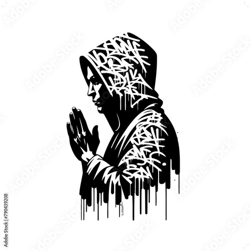 monk silhouette, people in graffiti tag, hip hop, street art typography illustration.