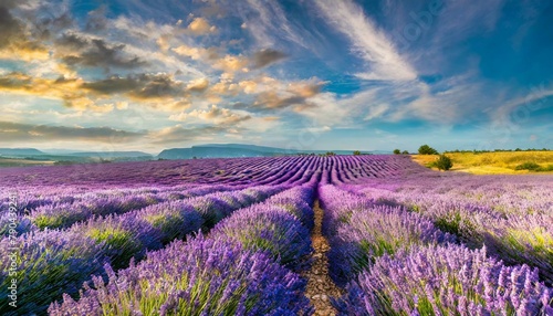 A dreamy lavender field in full bloom  its fragrant purple rows stretching towards the horizon under a cloud-streaked sky.