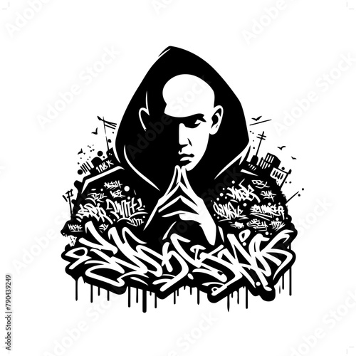 monk silhouette, people in graffiti tag, hip hop, street art typography illustration.