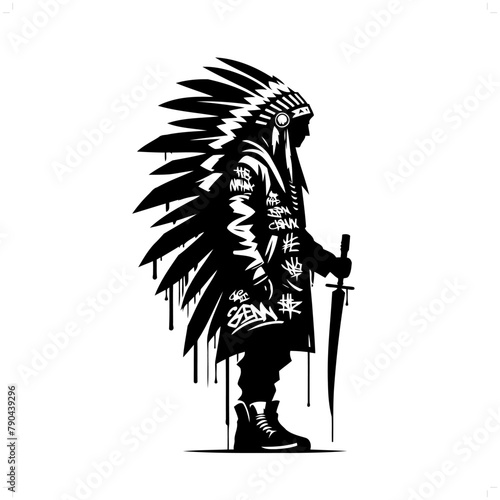 indian; native america silhouette, people in graffiti tag, hip hop, street art typography illustration.