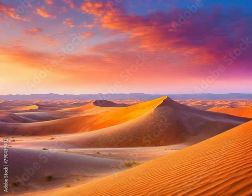 A serene desert landscape, where towering sand dunes cast ever-shifting shadows under the blazing sun, painting the sky in hues of pink and orange.
