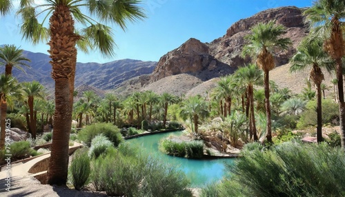 A verdant oasis nestled in the midst of arid desert plains, its lush palms and shimmering pools providing refuge for weary travelers.