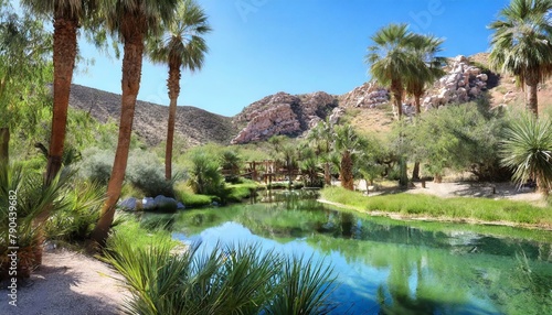 A verdant oasis nestled in the midst of arid desert plains  its lush palms and shimmering pools providing refuge for weary travelers.