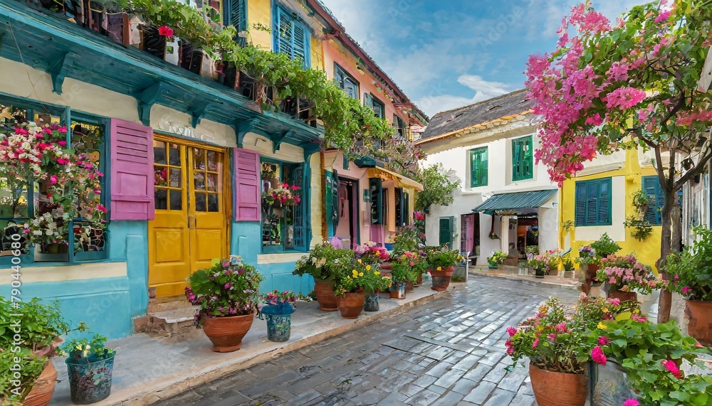 A charming village square, bustling with life as locals gather amidst historic buildings adorned with colorful shutters and flower-filled window boxes.