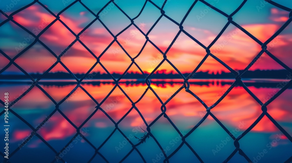 Sunset seen through fence near lake Sunset seen through fence near lake