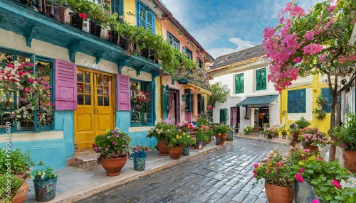 A charming village square, bustling with life as locals gather amidst historic buildings adorned with colorful shutters and flower-filled window boxes.