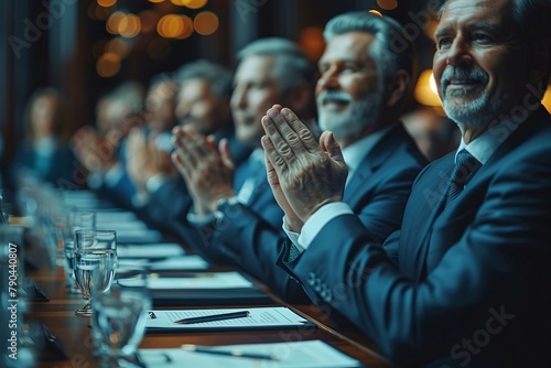 Businessmen at table clapping hands, enjoying event with drinkware and fun