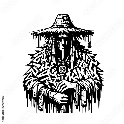 shaman silhouette, people in graffiti tag, hip hop, street art typography illustration.