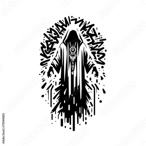 shaman silhouette, people in graffiti tag, hip hop, street art typography illustration.