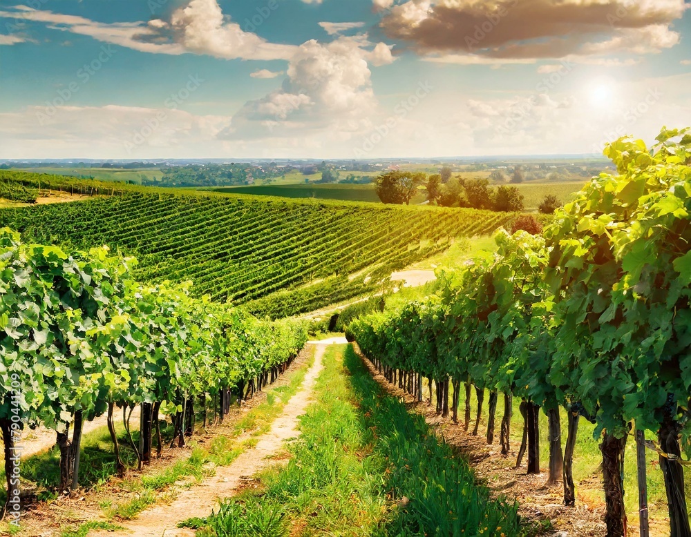 A serene countryside scene, with rows of vineyards stretching towards the horizon, their lush green vines heavy with ripening grapes under the warm sun.