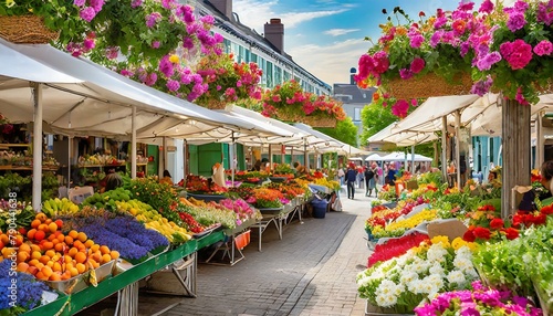 A vibrant market square alive with the hustle and bustle of vendors selling fresh fruits, colorful flowers, and handmade crafts under striped awnings.