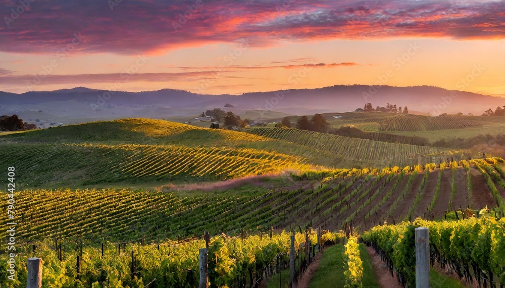A picturesque vineyard at sunset, with rows of grapevines casting long shadows across the rolling hills as the sky is painted in hues of orange and purple.