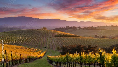 A picturesque vineyard at sunset  with rows of grapevines casting long shadows across the rolling hills as the sky is painted in hues of orange and purple.