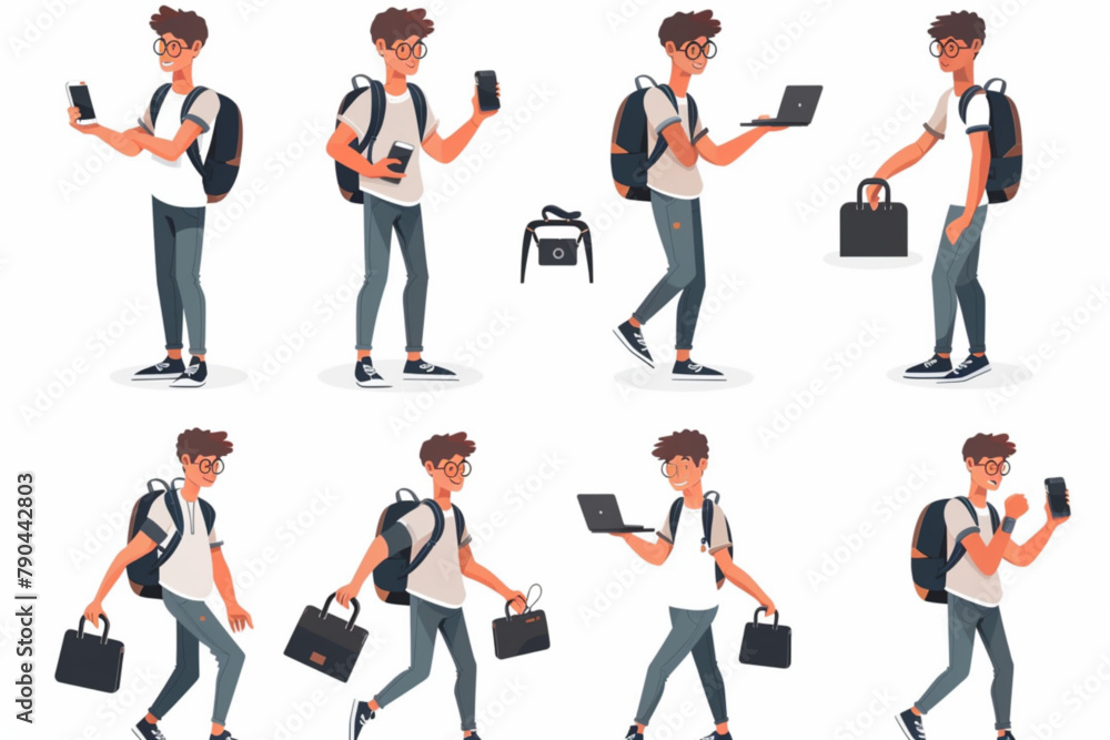 Set of young man character in various poses and actions. Happy guy holds a laptop in his hands, makes a choice, gesticulates 3D avatars set vector icon, white background, black colour icon