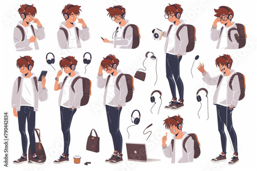Set of young man character in various poses and actions. Happy guy holds a laptop in his hands, makes a choice, gesticulates 3D avatars set vector icon, white background, black colour icon