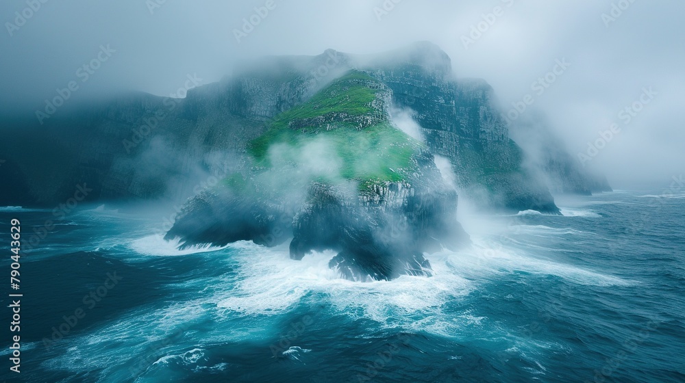 The aerial view of the amazing island is covered in fog. Aesthetic calm background. Tranquil landscape. Generative AI The aerial view of the amazing island is covered in fog. Aesthetic calm background. Tranquil landscape. Generative AI