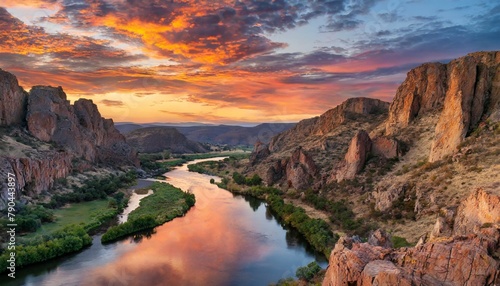 A serene river valley, carved through ancient rock formations, where meandering waters reflect the fiery hues of a sunset sky.