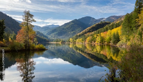 A tranquil lake nestled within a verdant valley  its mirror-like surface reflecting the surrounding mountains clothed in a tapestry of fall colors.