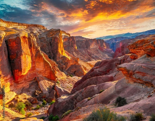 A dramatic canyon carved by the erosive forces of time  its sheer walls painted in hues of red and gold by the setting sun.