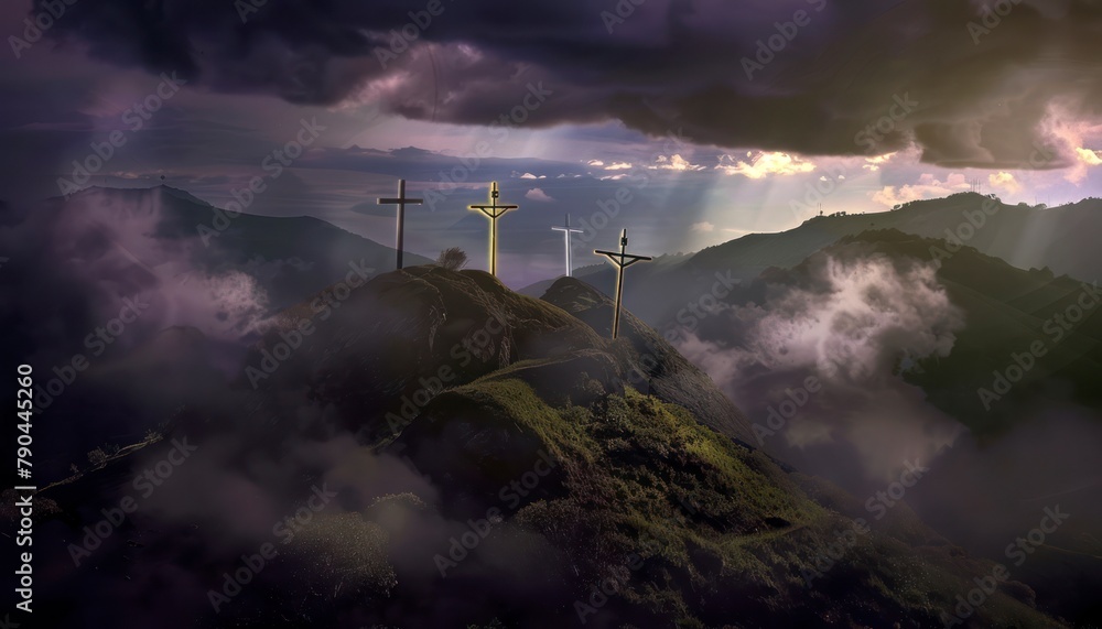 Obraz premium The Christian themed on a background with dramatic at dawn, with a beautiful sea of clouds, dark clouds and sky and sunbeams