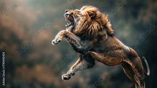 Roaring male lion in a jump. Selective focus.