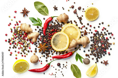 Spicy mixture of spices with chopped lemon peel, chili, peppercorns (black, green and red), mustard seeds, allspice, chopped ginger, isolated on white, top view vector icon, white background, black co photo
