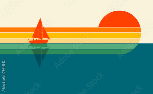 A sailboat and two passengers are seen in front of a colorful graphic sunset design in an illustration about vacation and travel and boating. © Rob Goebel