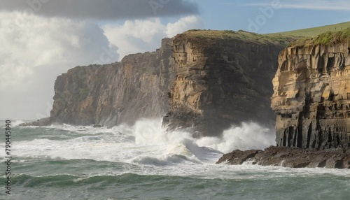 A rugged coastal headland battered by crashing waves, with sheer cliffs carved into fantastical shapes by the relentless force of the sea. photo