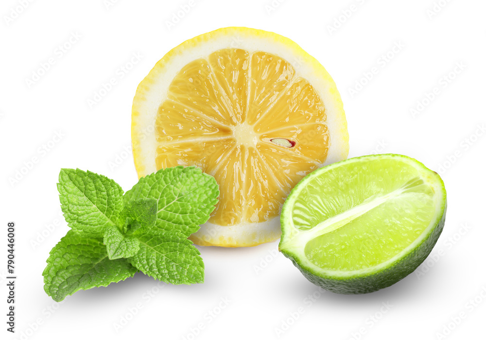 Fresh lime, lemon and mint isolated on white Fresh lime, lemon and mint isolated on white