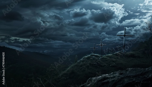 The Christian themed on a background with dramatic at dawn, with a beautiful sea of ​​clouds, dark clouds and sky and sunbeams