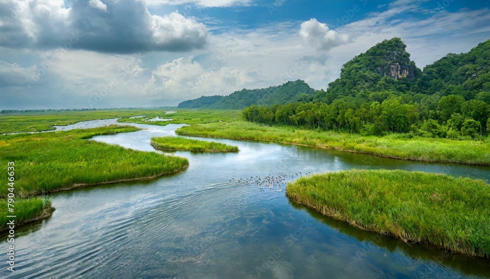 A tranquil river delta, where meandering waterways snake through verdant marshlands teeming with a rich diversity of birdlife.