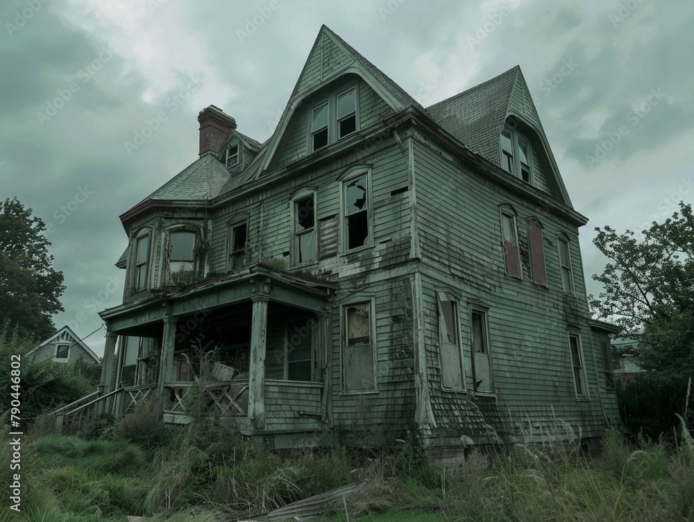 An abandoned house with broken windows, overcast sky, symbolizing loss and abandonment, eerie and melancholic