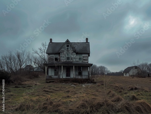 An abandoned house with broken windows, overcast sky, symbolizing loss and abandonment, eerie and melancholic